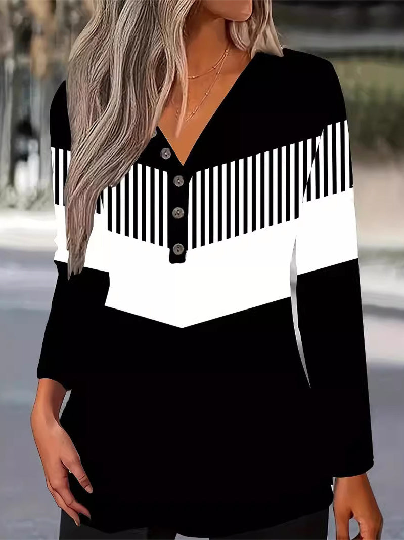 Women Long Sleeve V-neck Graphic Floral Printed Top