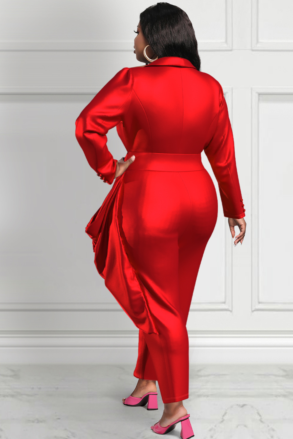 Design Plus Size Mother Of The Bride Jumpsuits Elegant Red Fall Winter Turndown Collar Long Sleeve Fold Satin Jumpsuits [Pre-Order]