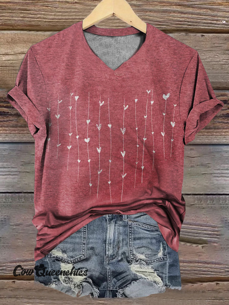 Heart Print Casual V-neck T-shirt Multicolor / S