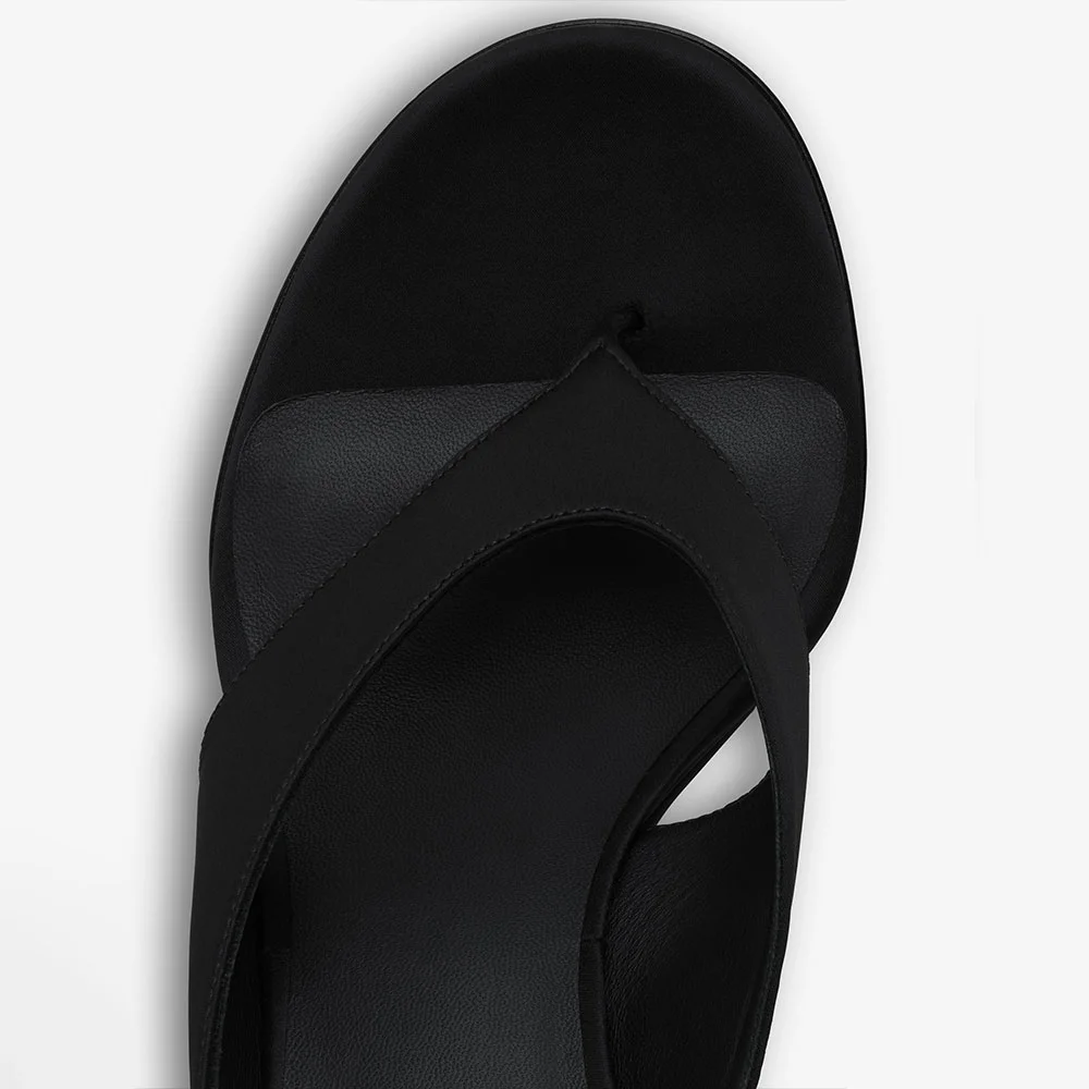 Satin Open Round Toe Flip Flop Classic Black Wedge Sandals