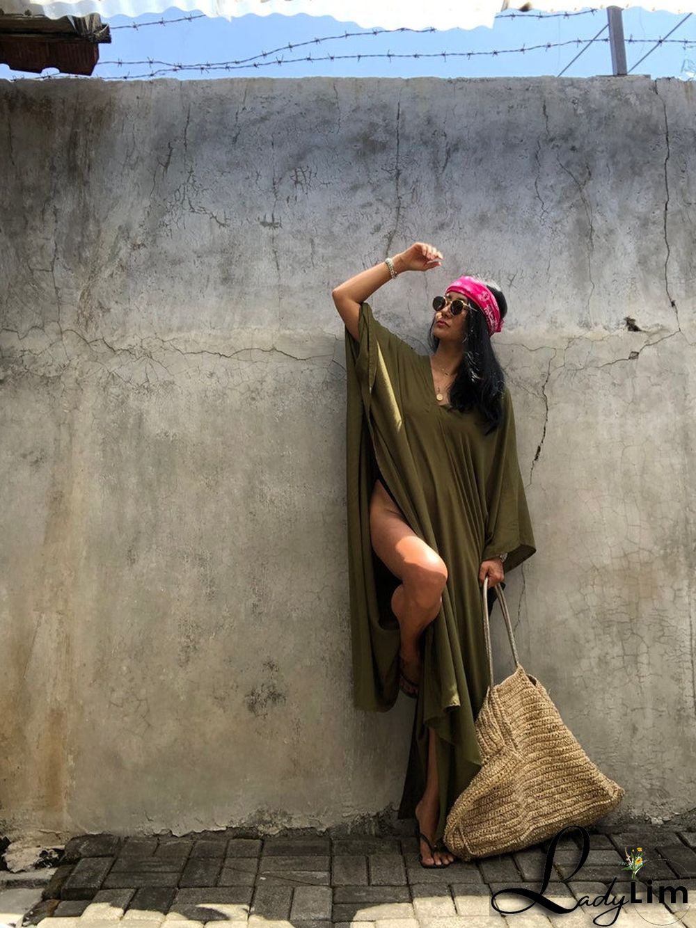 V Neck Solid Color Beach Cover Up