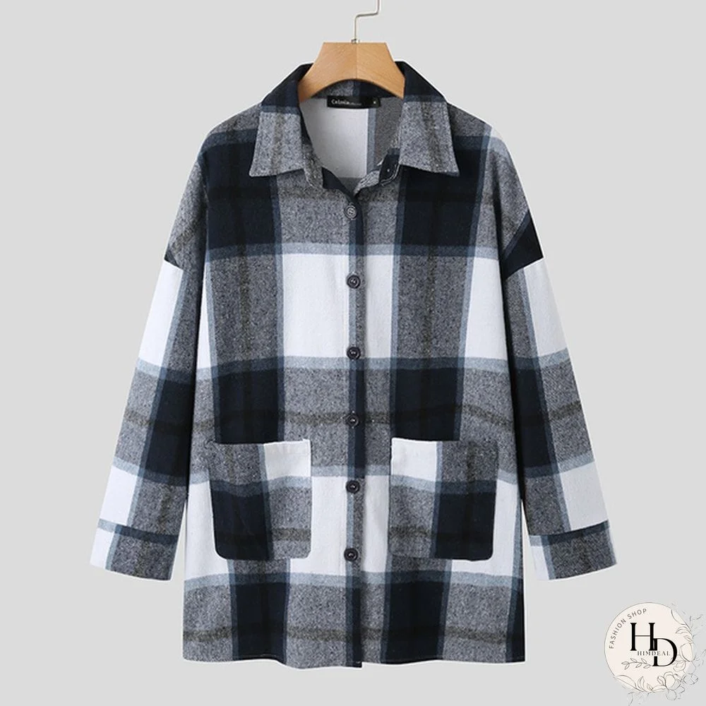 Women Plaid Long Sleeve Jacket Coat Spring Autumn Elegant Button Shirt Plus Size Coat Tops