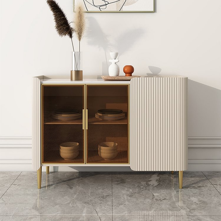 Homemys Modern Sideboard Stone Top Luxury Buffet Tempered Glass Doors Bar Wine Cabinet