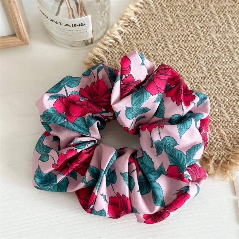 2024 Summer New Rose Print Large Intestine Hair Band French Sweet Flower Style Hair Band Updo Hair Rubber Band