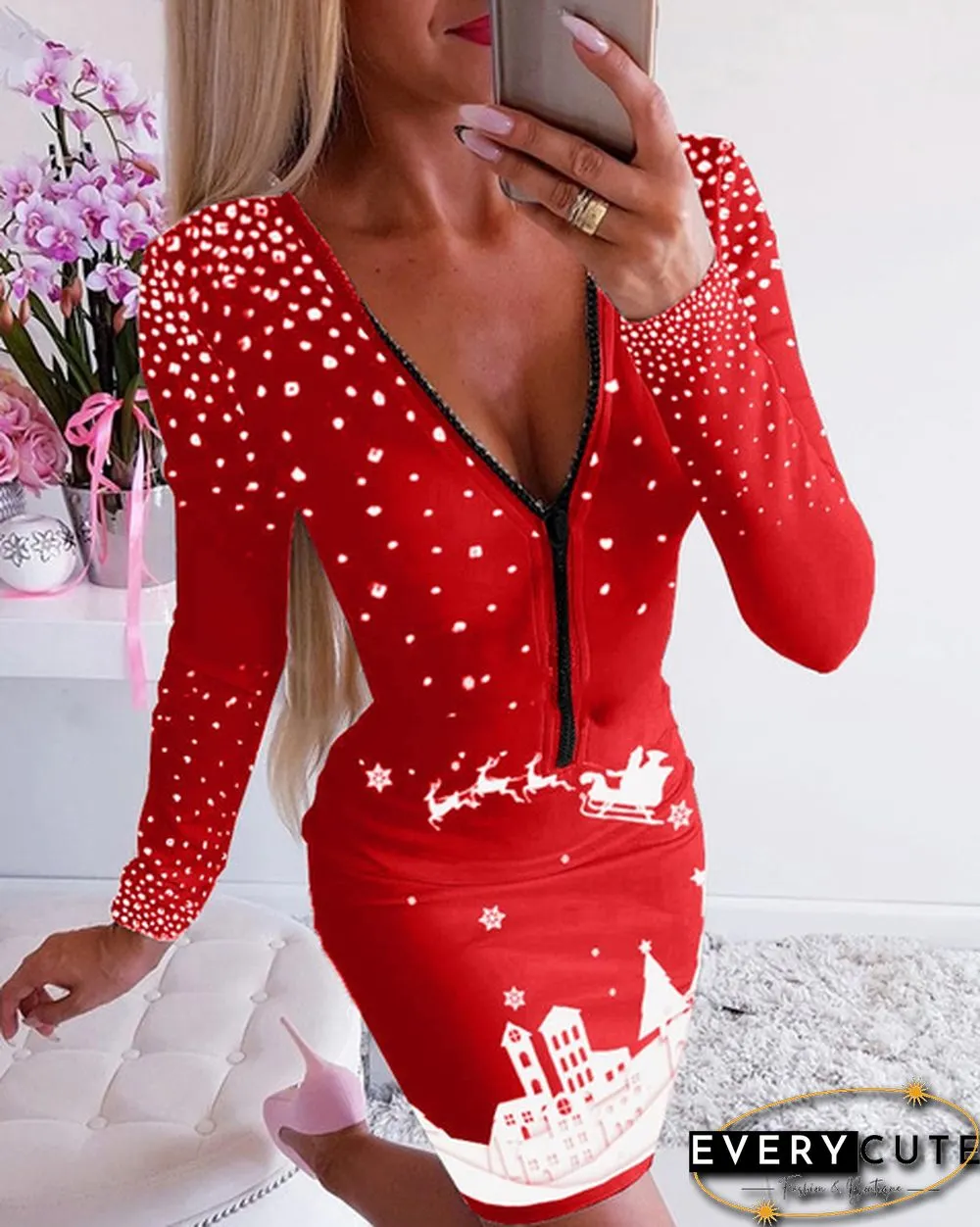 New Fashion Women V Neck Christmas Print Bodycon Dress Plus Size Slim Fit Sexy Long Sleeve Dress