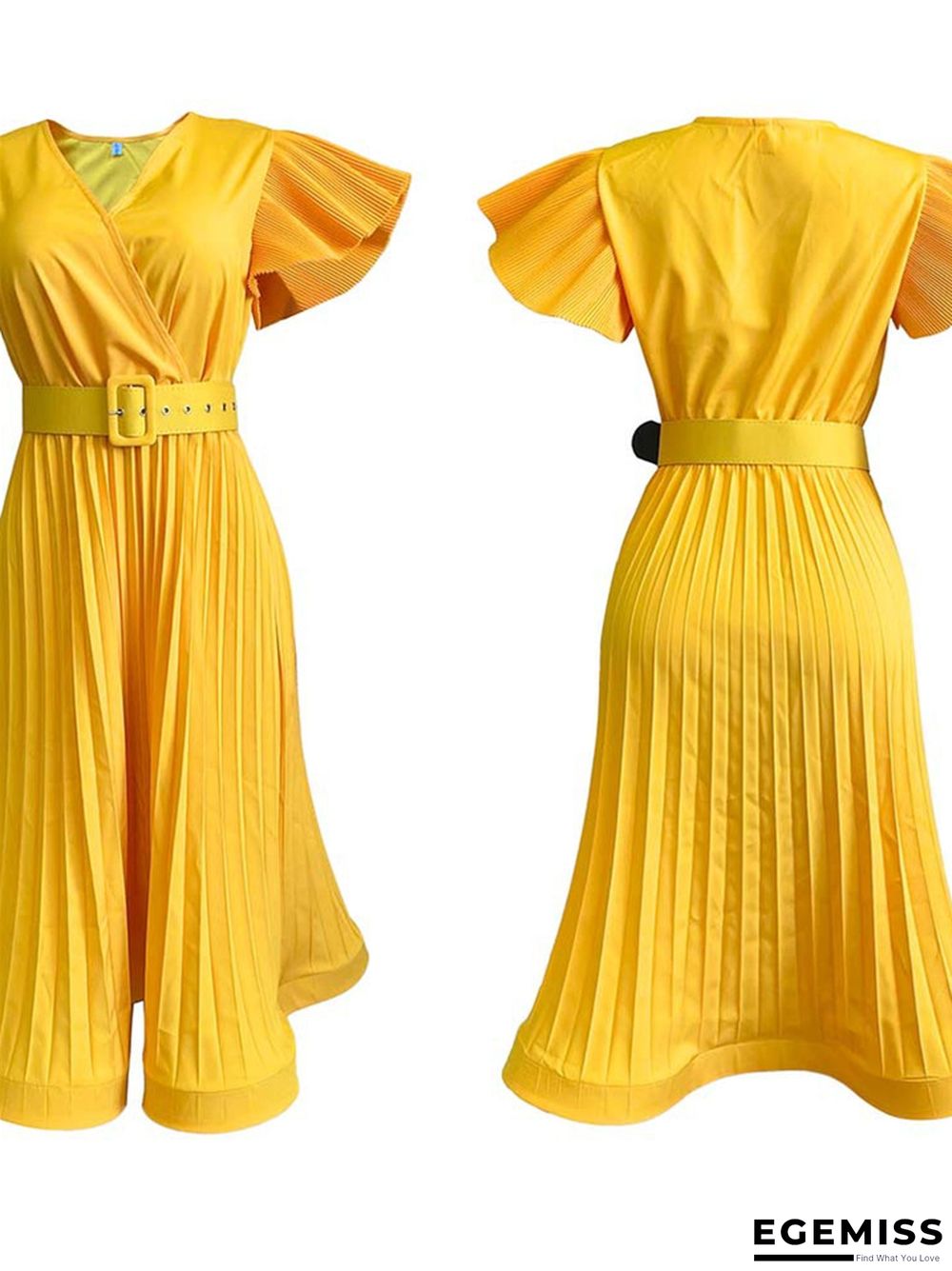 Women's Sexy V-neck Fly-sleeve Pleated Dress White Dresses | EGEMISS