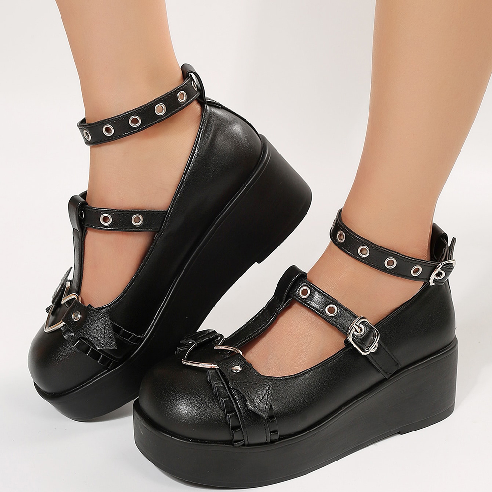 Black Vegan Leather Rounded Toe Wedge Heel Platform Pumps with Buckle Nicepairs