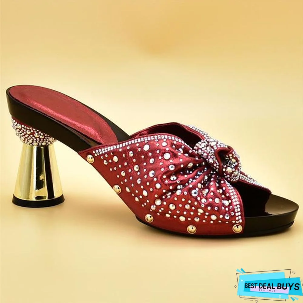 Women Rhinestone High Heeled Sandals Mules Slides