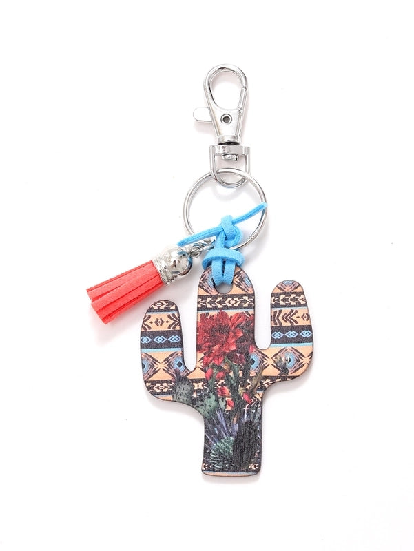 Classic Style Commute Cactus Printing Wood Bag Pendant Keychain
