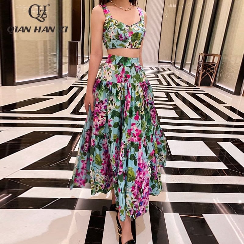 Qian Han Zi Designer Fashion for women Sexy Summer 2 Piece Set Spaghetti Strap short Top and retro printed long skirt suit set