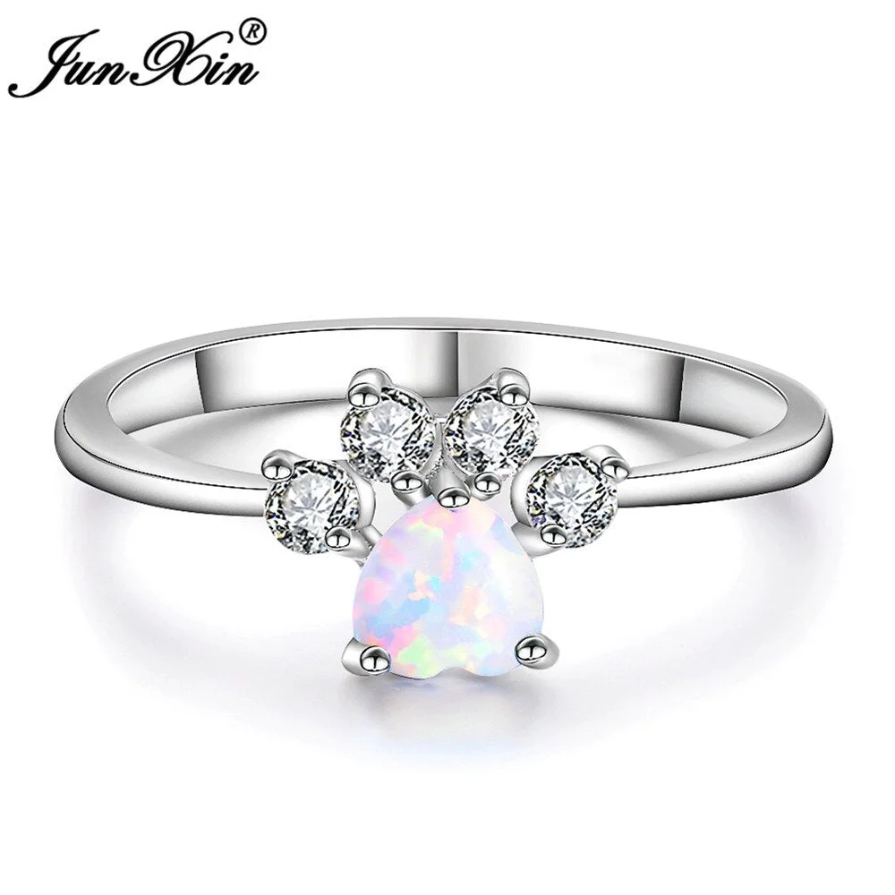 JUNXIN Boho Male Female White Opal Stone Ring Fashion Bear Paw Cat Claw Ring Promise Wedding Engagement Rings For Men And Women
