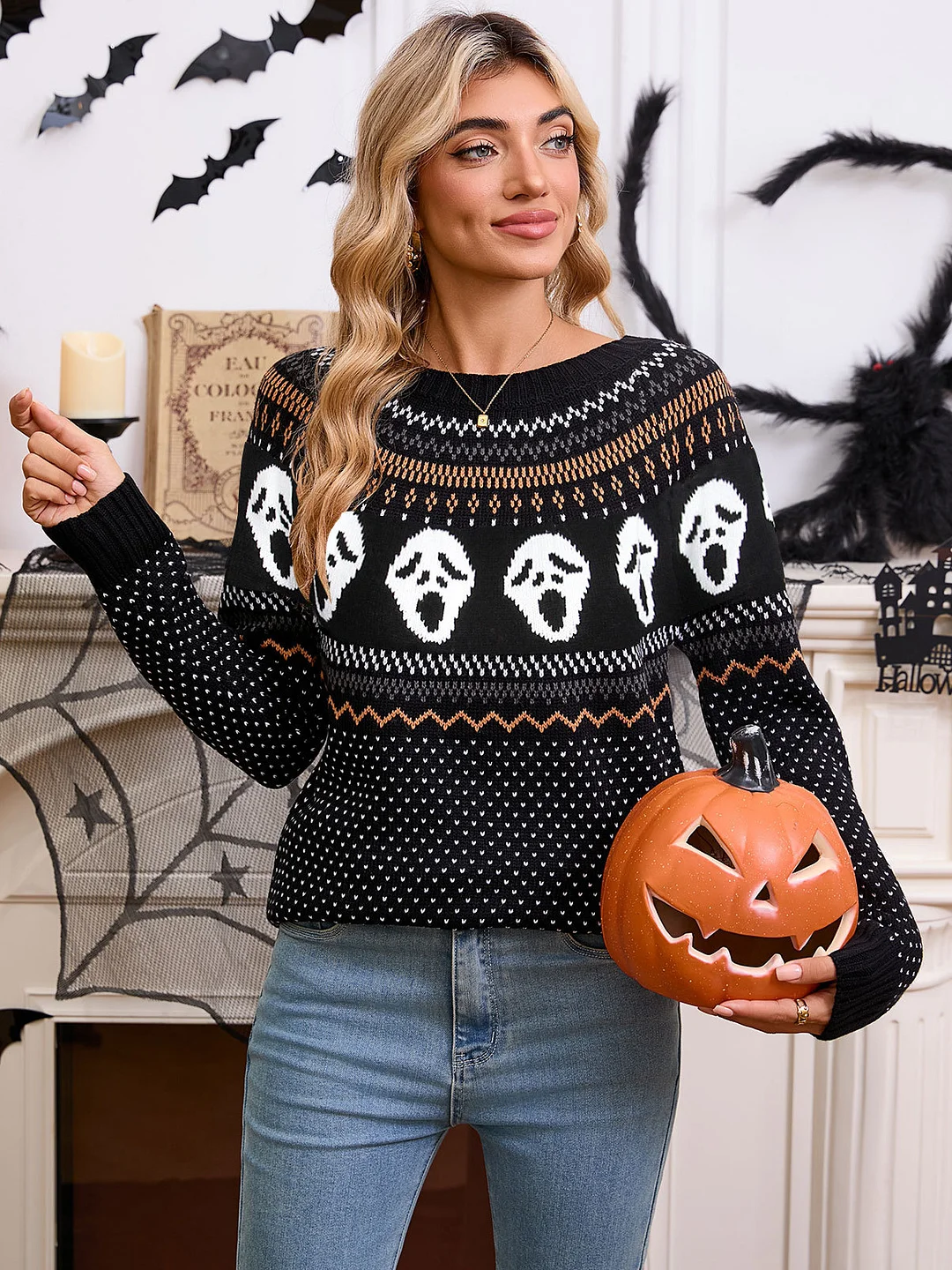 Athvotar Athvotar And Winter New Sweater Women's Loose Halloween Unique Skeleton Collar Long-Sleeved Knitwear