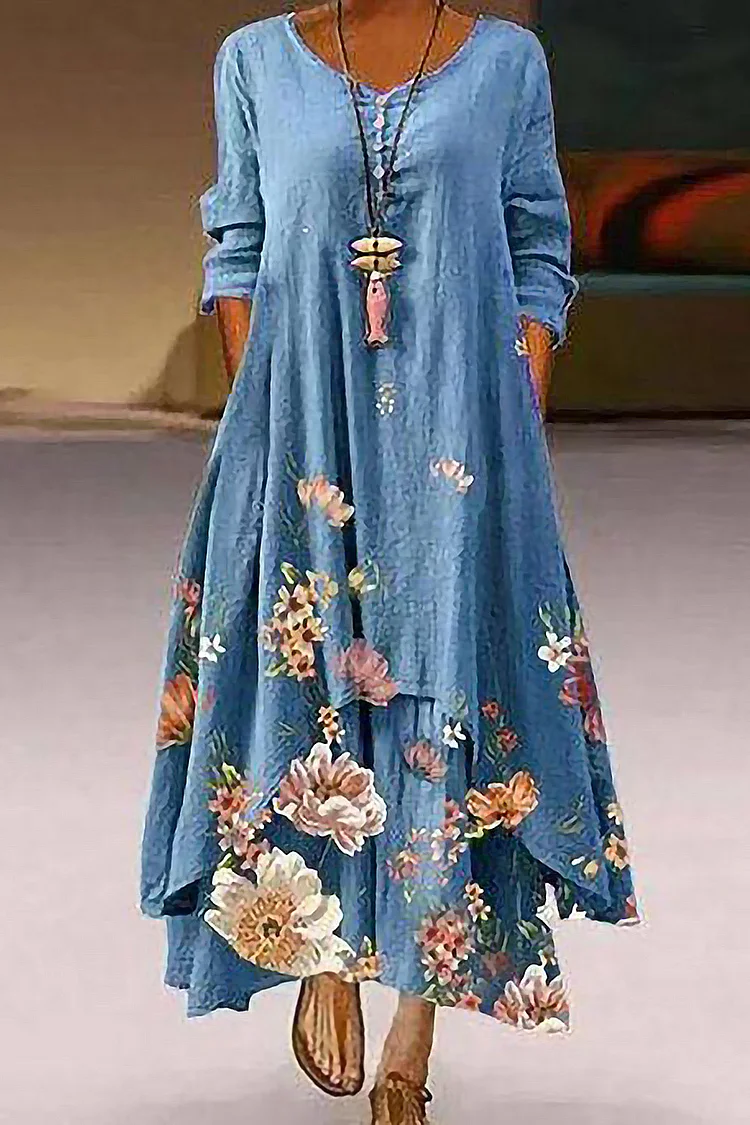 Flycurvy Plus Size Casual Blue Cotton And Linen Floral Print Asymmetrical Hem Layered Button Maxi Dress  Flycurvy [product_label]