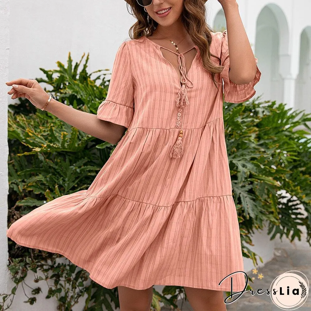 Summer Womens Short Sleeve Dress-Fashion Casual V-Neck Solid Tassel Butterfly Loose Mini