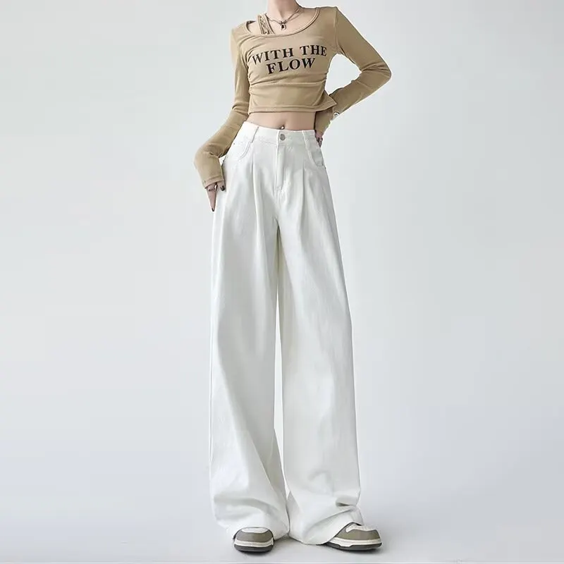 Women's White High-Waisted Pleated Wide-Leg Jeans