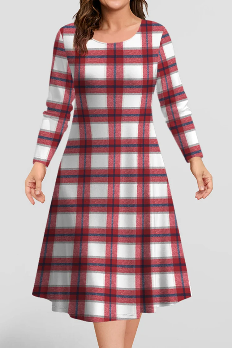 Flycurvy Plus Size Casual Red Colorblock Plaid Print Patchwork Midi Dress  Flycurvy [product_label]