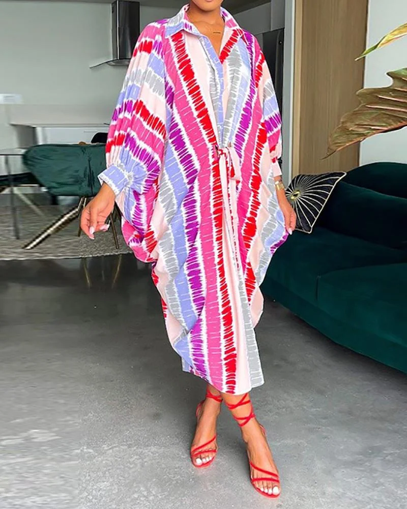 Casual tie-dye striped print lace-up dress