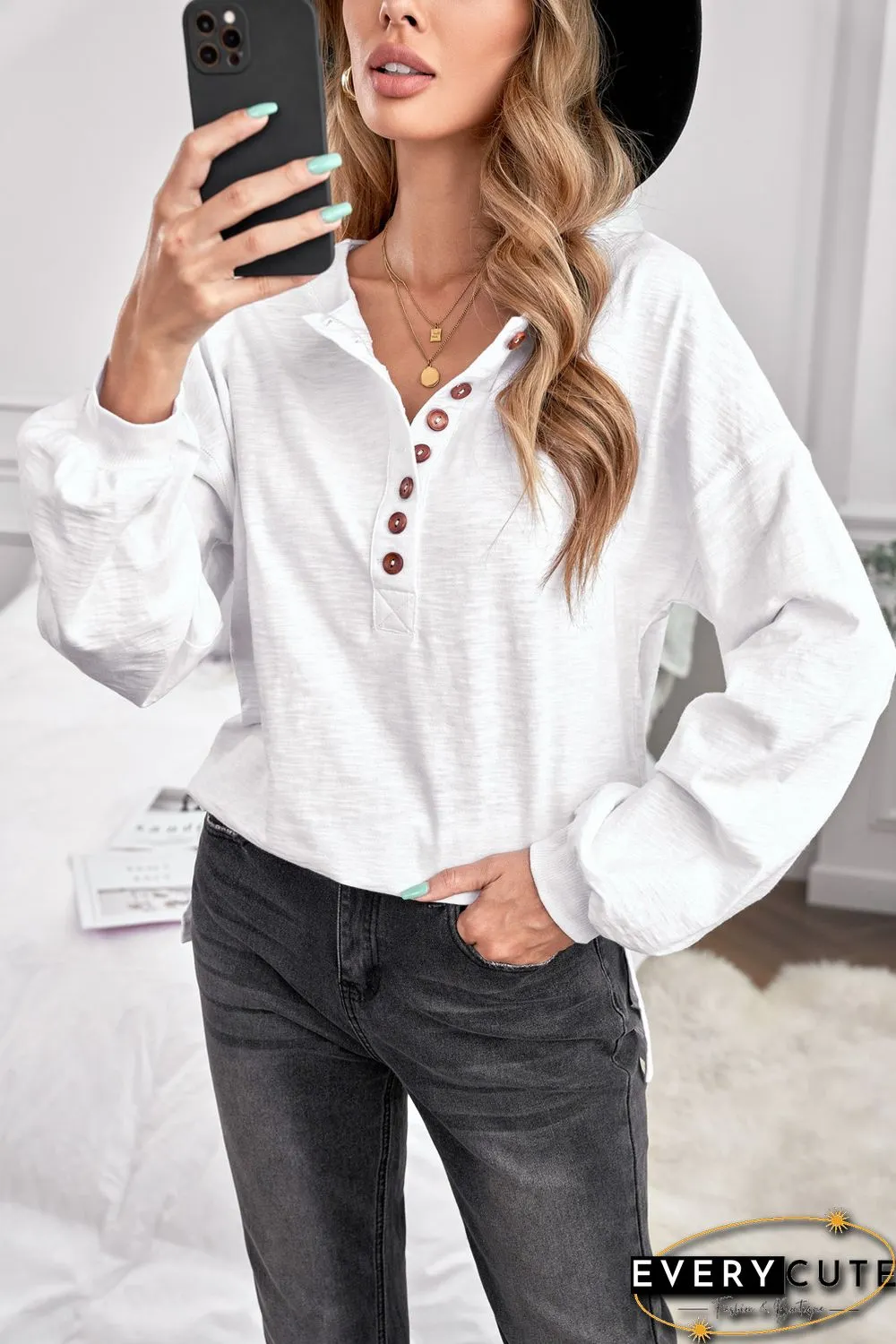 White Solid Color Buttoned Front Long Sleeve Top