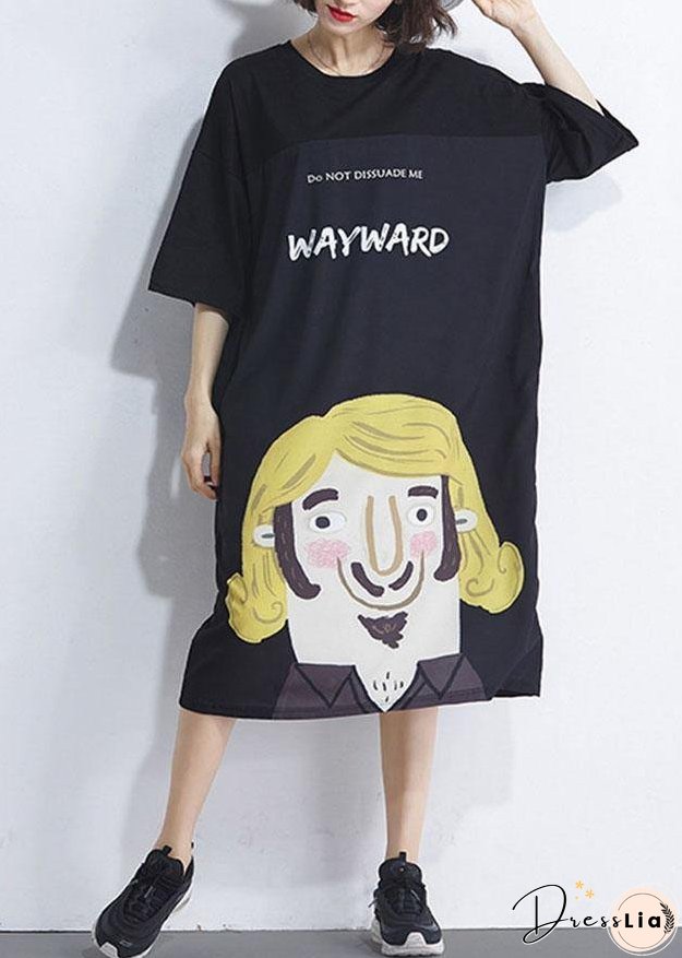 Women Black Patchwork Character Summer Maxi Dresses Half Sleeve