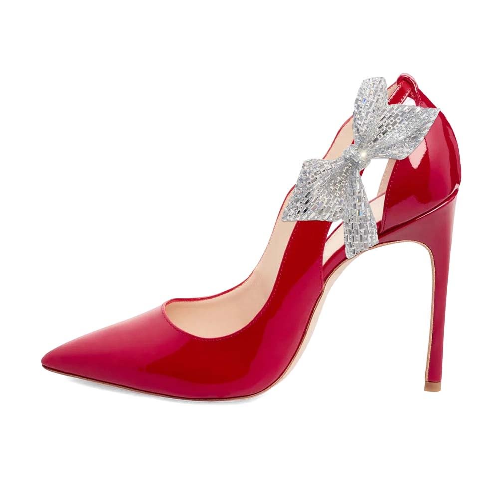Glossy Leather Pumps Red Stiletto Heels With Silver Bow Decors Nicepairs