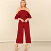 SHEIN Burgundy Zip Back Layered Ruffle Bardot Sexy Jumpsuit Women Off the Shoulder Skinny Wide Leg Solid Summer Party Jumpsuits