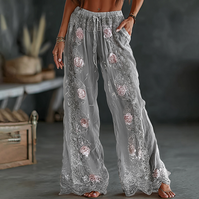 Women's Vintage Spring Floral Embroidered Art Print Flowy Linen Blend Casual Pants wearshes