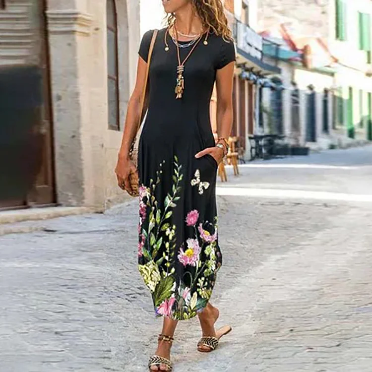 Women Plus Size Floral Print Maxi Dress Short Sleeve Summer Boho Long Dresses