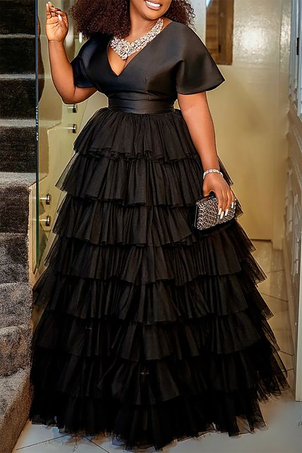 Plus Size Formal Dress Black V Neck Tulle Maxi Dress
