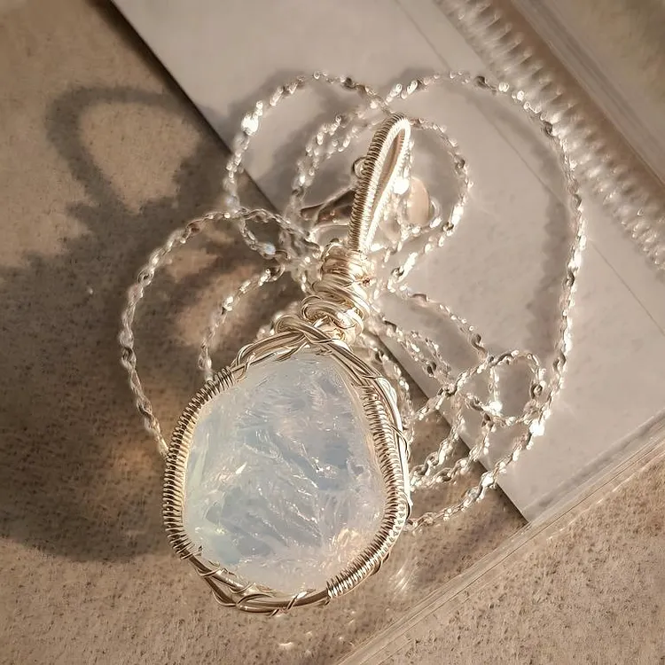 Opal Wire Wrapped Pendant Necklace 