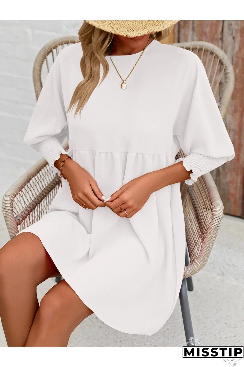Round Neck Lantern Sleeve Mini Dress