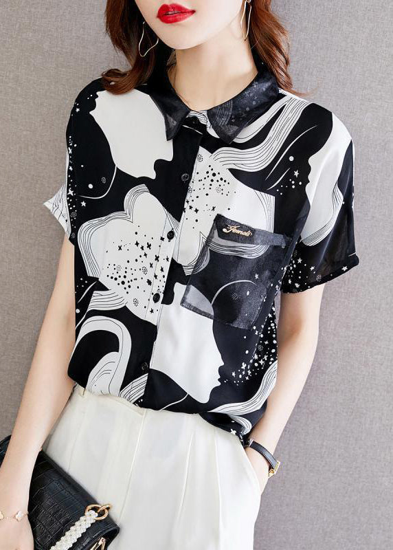 VCSHOES Black Peter Pan Collar Print Pockets Chiffon Shirt Short Sleeve
