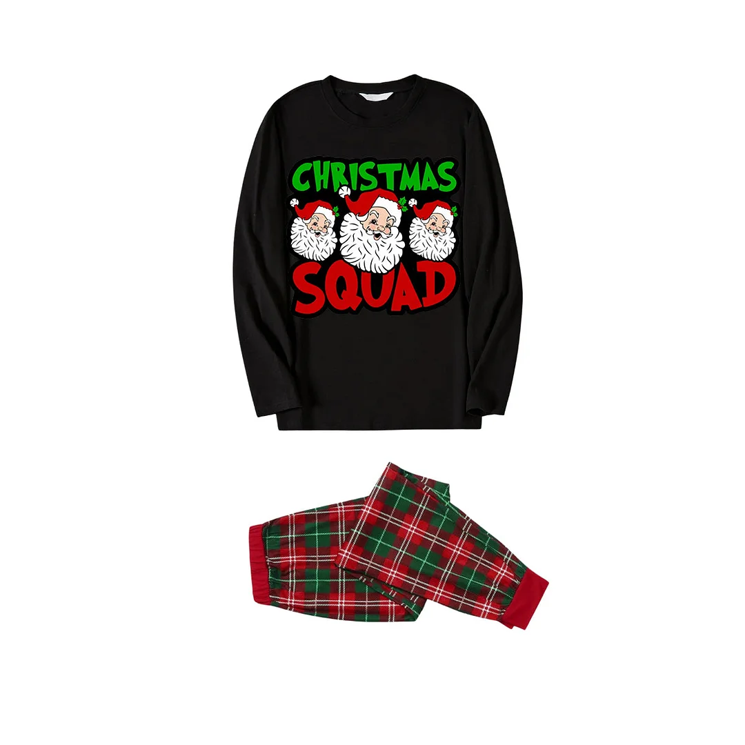 "Santa Squad" and Santa Claus Print Black Top with Red & Green Plaid Pants Family Matching Pajama