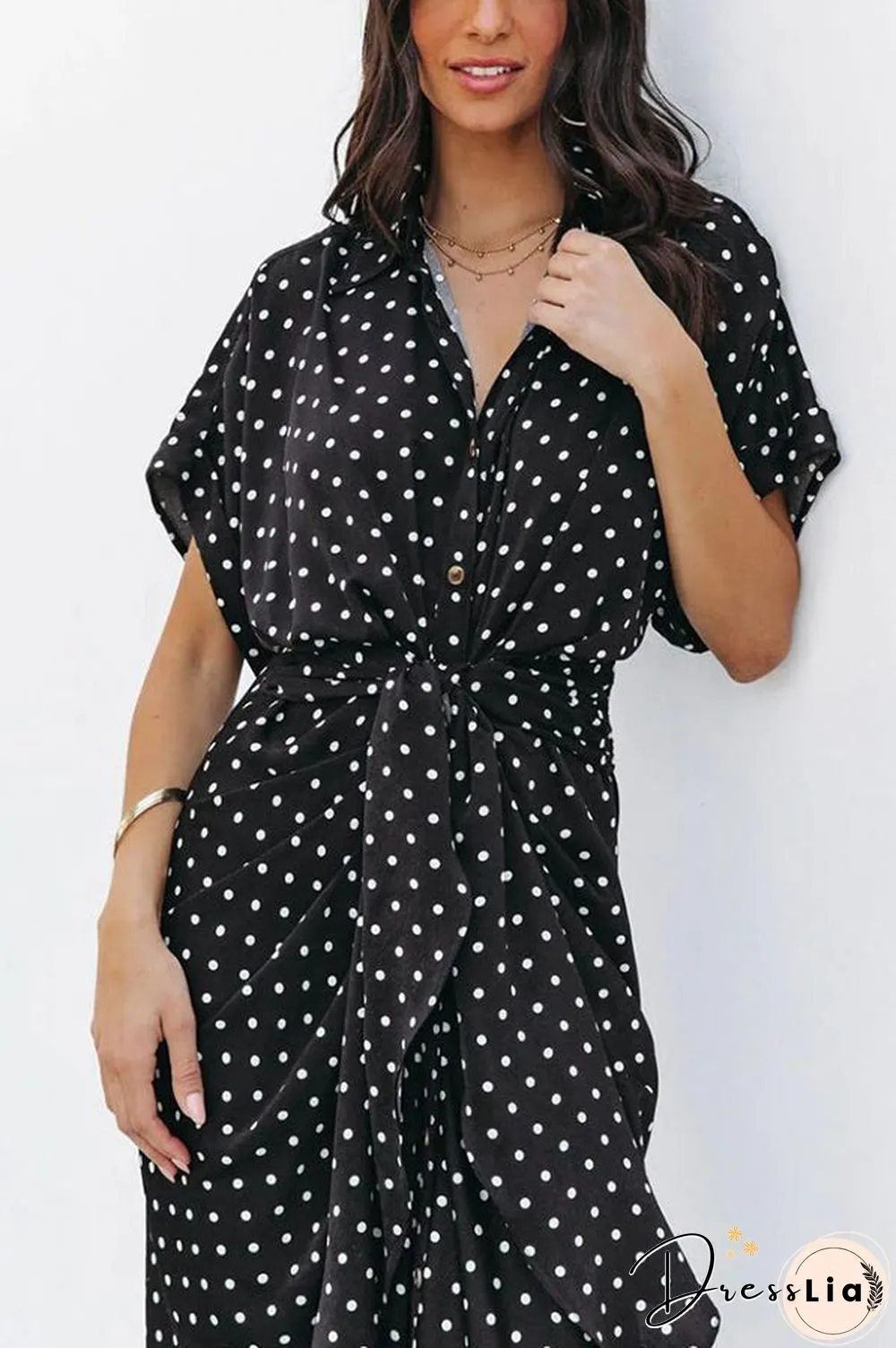 Polka Dot Tie Front Midi Shirt Dress