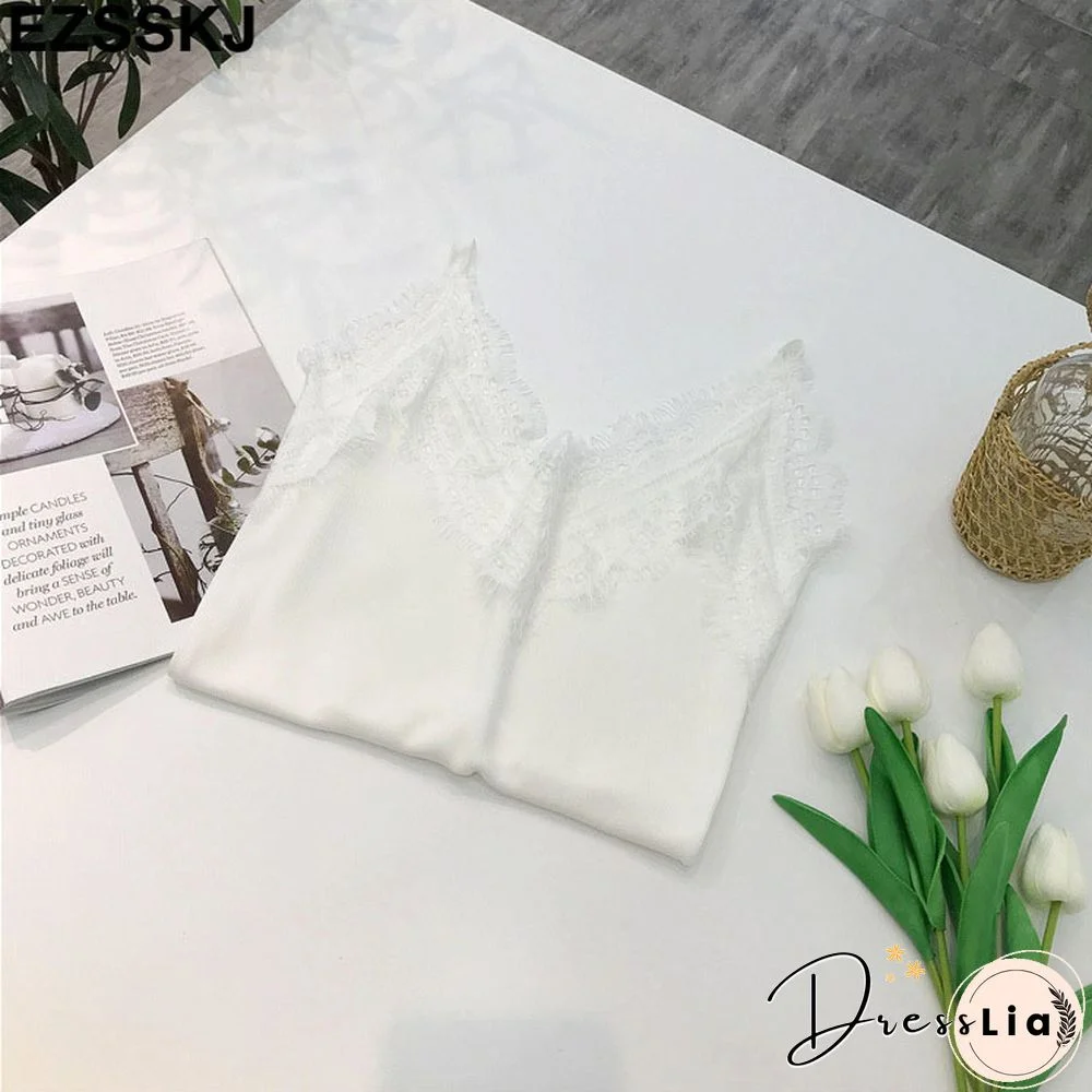 New Sexy V Neck Lace Tank Tops Women Camisole Casual Camisole Chic Solid Sleeveless Shirt Female Knit Top