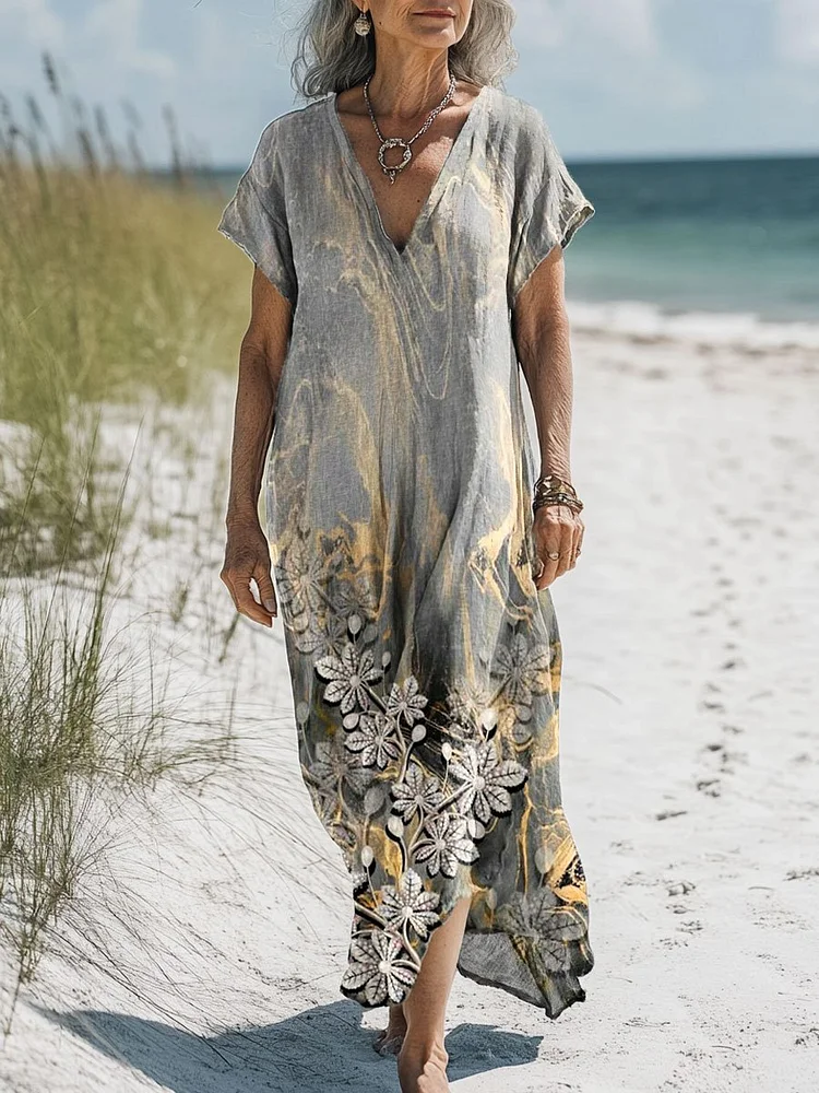 Women's Vintage Floral Art Print Pocket Cotton Dress