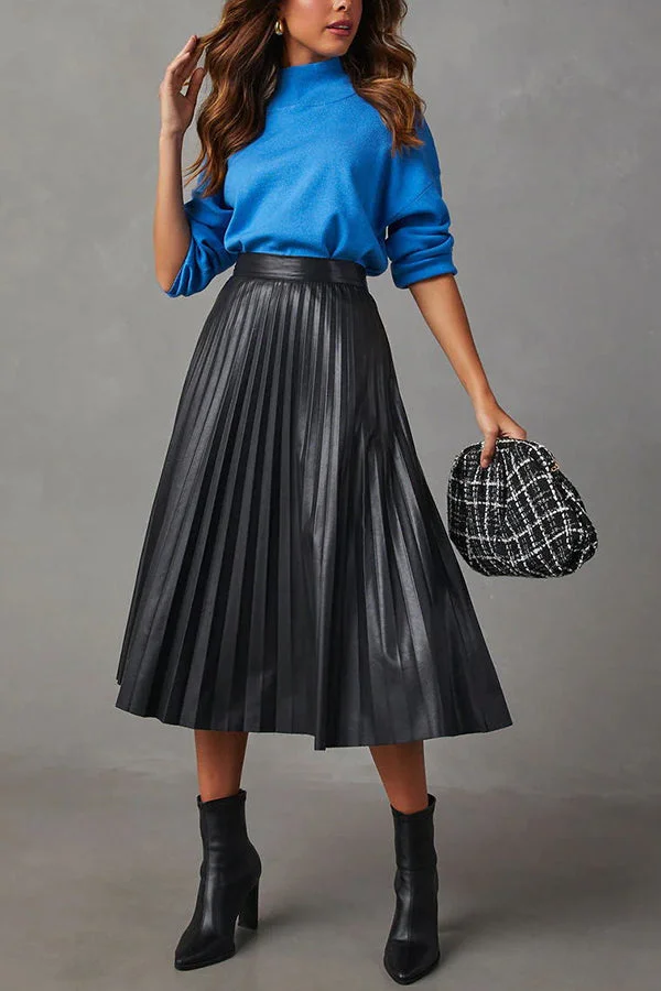 Elevated Classic Faux Leather High Waist Pleated Midi Skirt