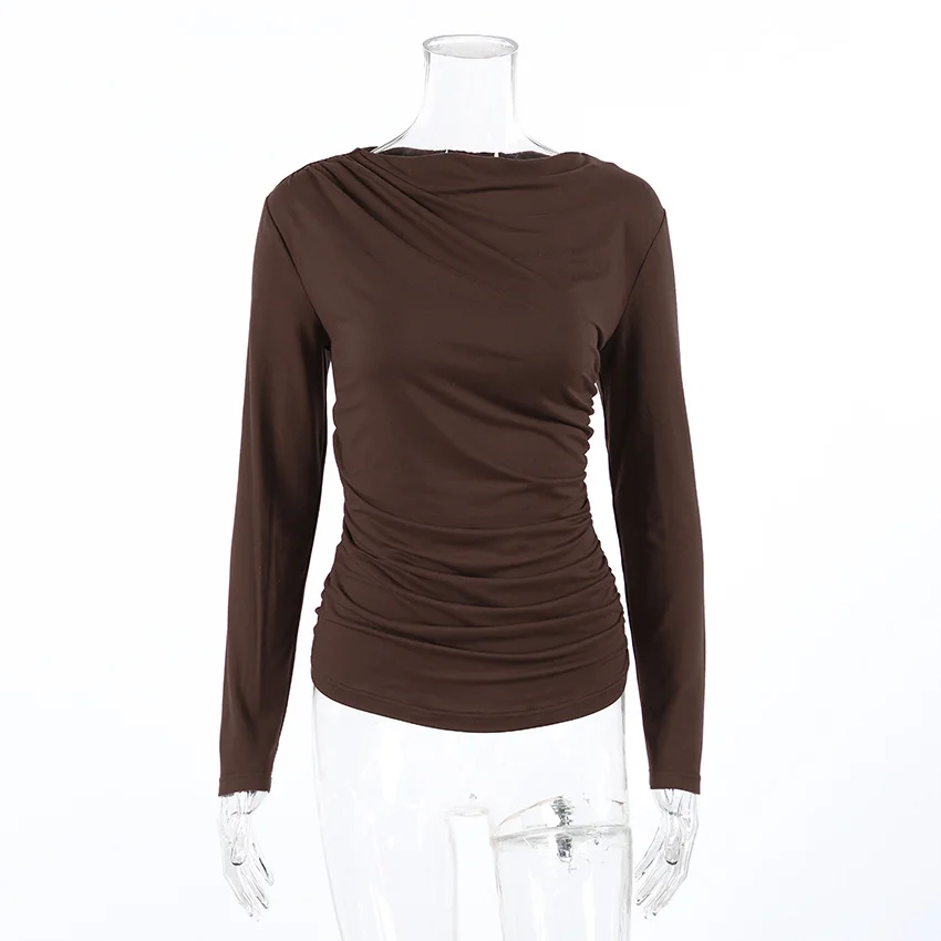 Sdrawing Sdrawing Autumn New Fold Design Sense Of Small To Close The Waist Hottie Style Long-Sleeved Bottom Shirt Woman