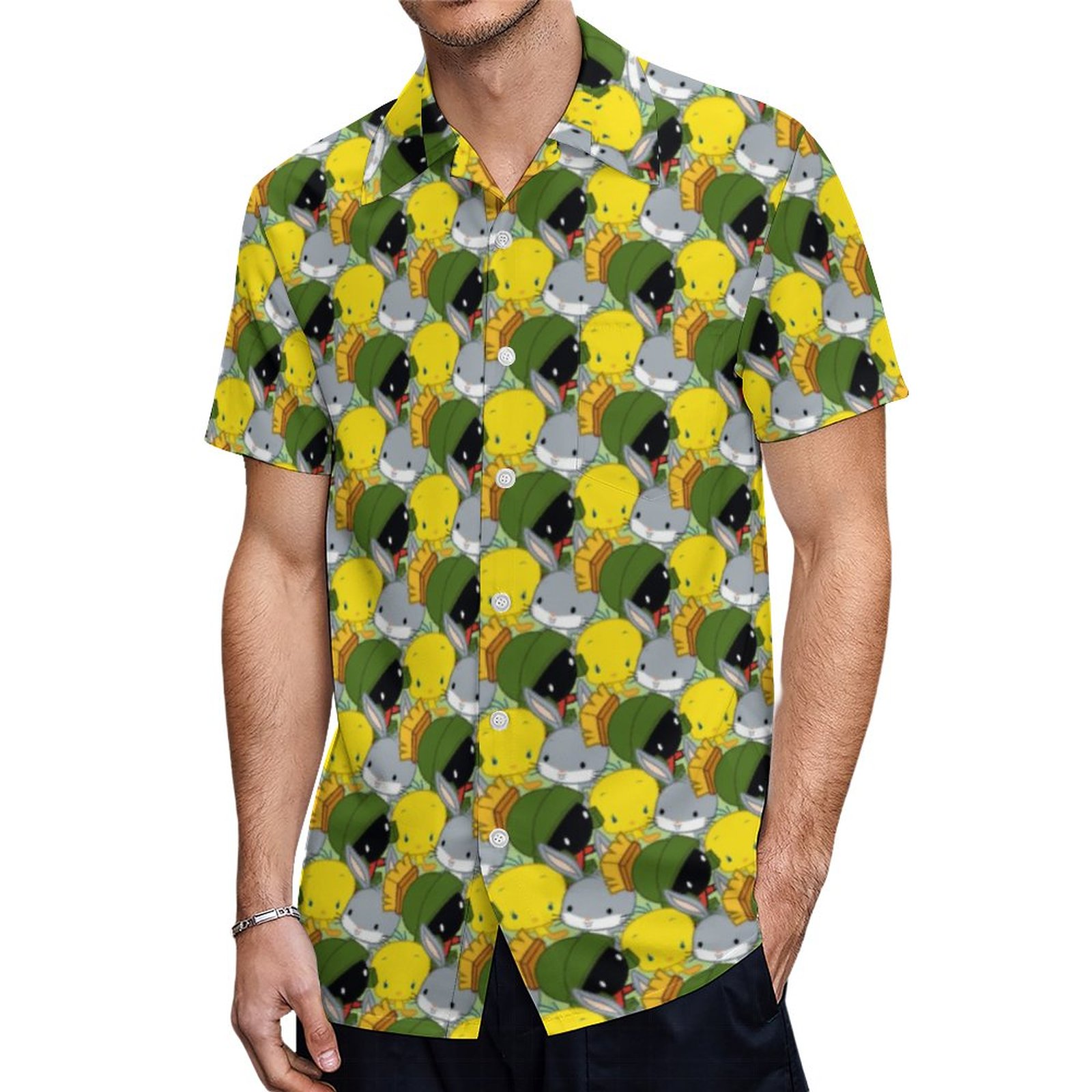 Chibi Marvin The Martian Tweety Bugs Bunny Hawaiian Shirt Mens Button ...