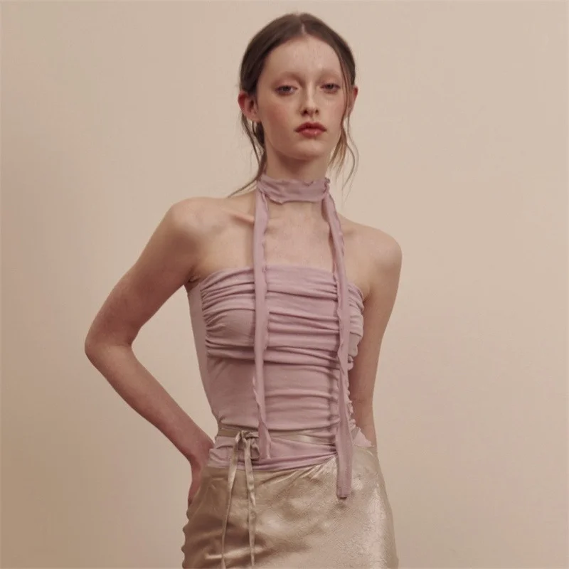 Toloer Toloer 2024 New Women's Solid Color Slim Fashion One Word Collar Pleated Sexy Show Back Vest-Outfit Ideas