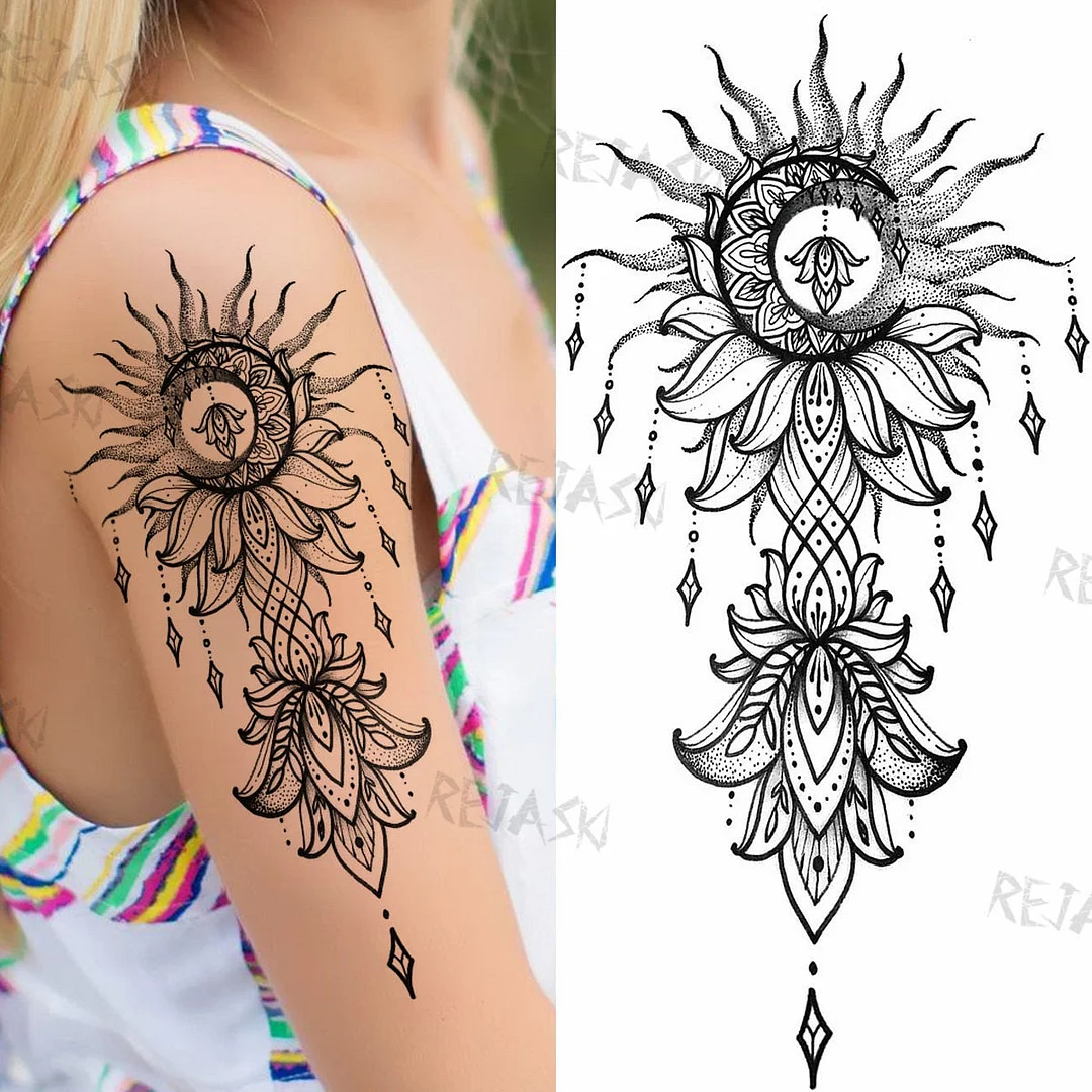 Mandala Flowers Temporary Tattoo For Women Black Henna Mehndi Tattoos Sticker Rose Lace Owl Fake Jewelry Tatoos Body Chest Back