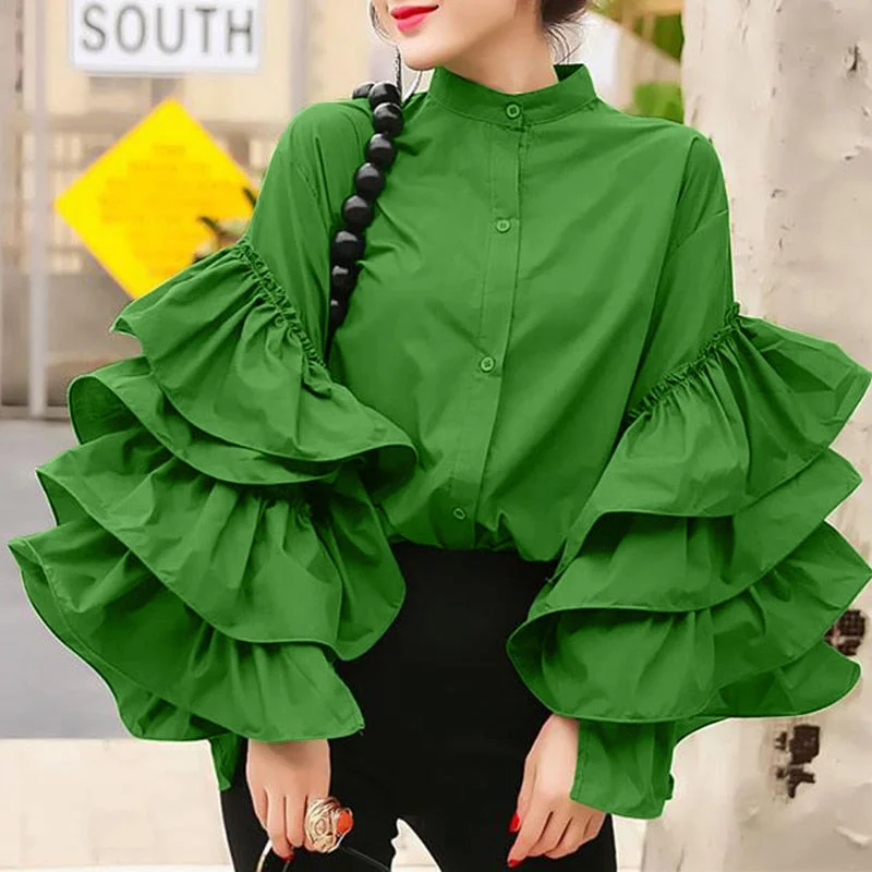 Graduation Gifts  Fashion Long Flare Sleeve Women Vintage Blouses 2022 Ruffled Shirts Casual Long Sleeve Tops Buttons Elegant Party Blusas