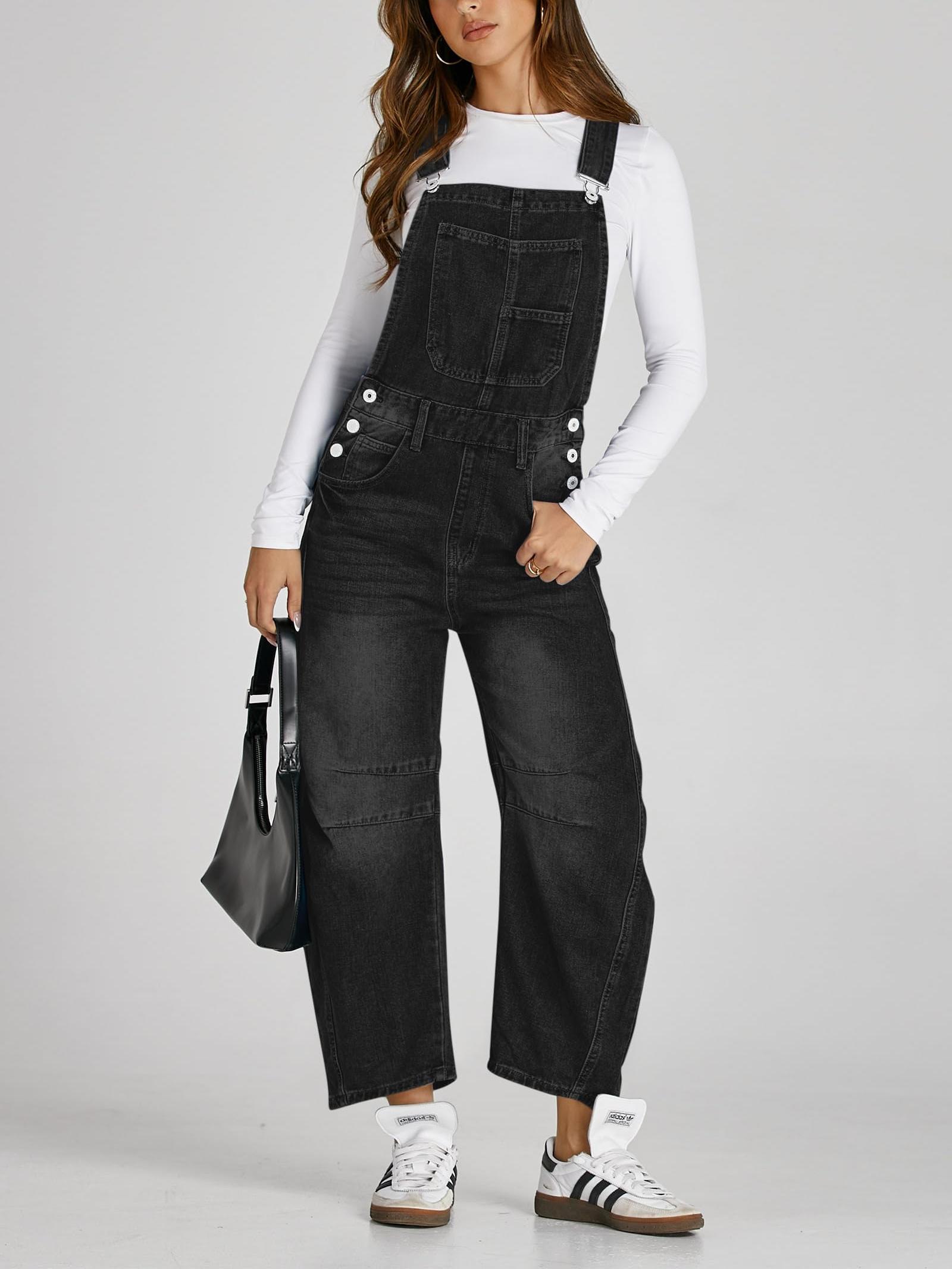Women's Jeans-In-Disguise Bib Overalls Jumpsuit - Adjustable Straps, Barrel Leg Fit, Side Pockets - All-In-One Jeans Pants For Everyday & Formal Outfits - Machine Washable Denim Look, Denim Jumpsuit, Versatile Clothing, Chic Casual Wear | IFYHOME
