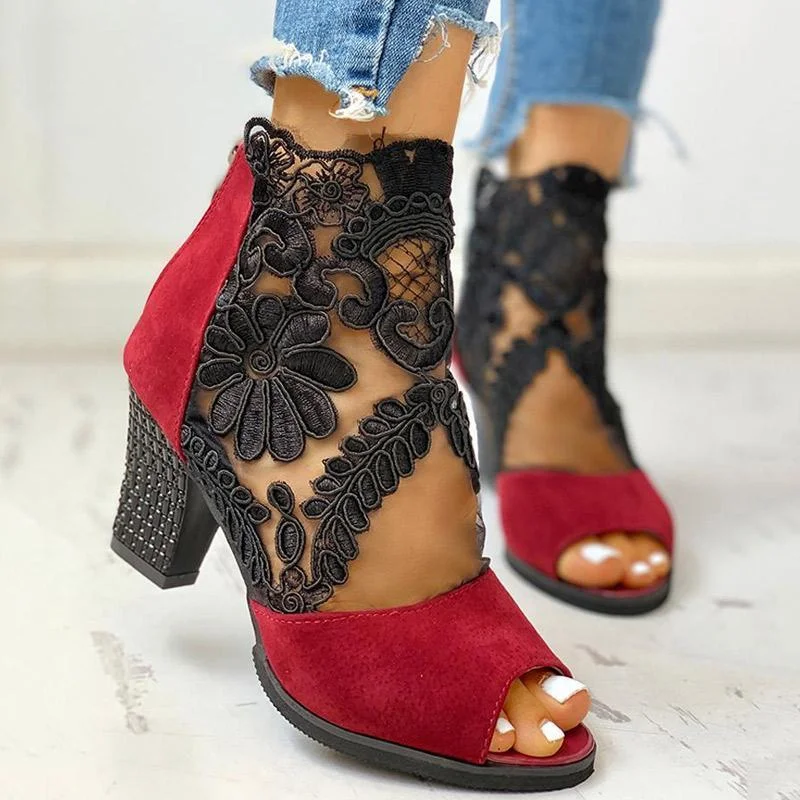 lace mesh insert chunky heeled boots