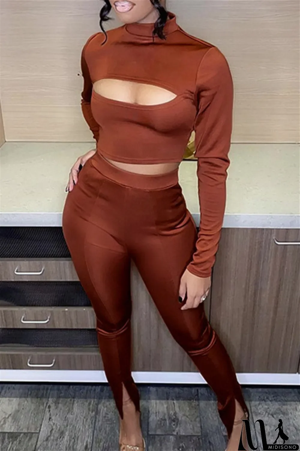 MidiSono - White Sexy Casual Solid Bandage Turtleneck Long Sleeve Two Pieces