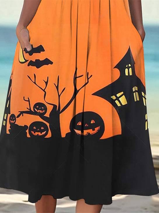Women Short Sleeve V-neck Colorblock Pumpkin Printed Halloween Midi Dress