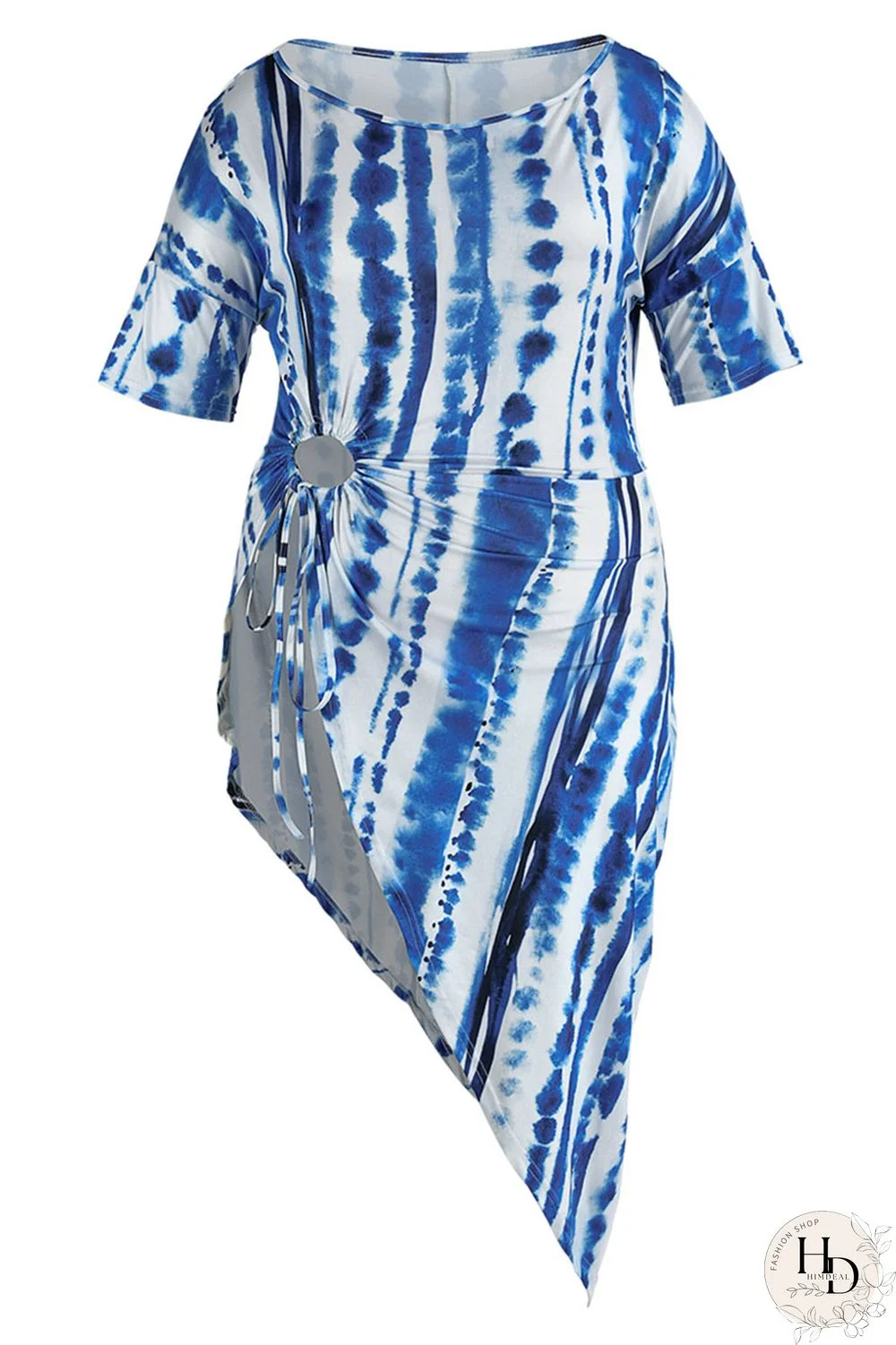 Yellow Fashion Casual Print Bandage Asymmetrical O Neck Plus Size Tops