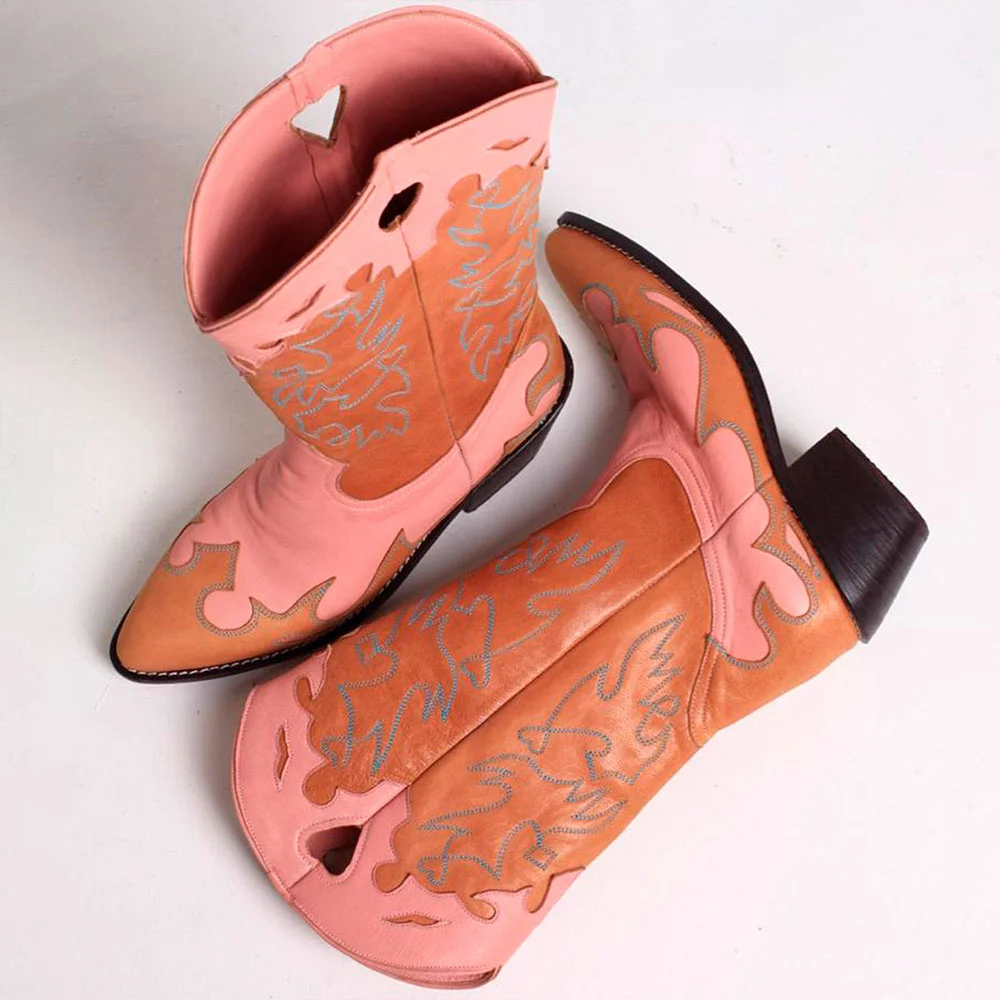 Tan & Pink Closed Toe Chunky Heel Embroidered Cowboy Boots for Women