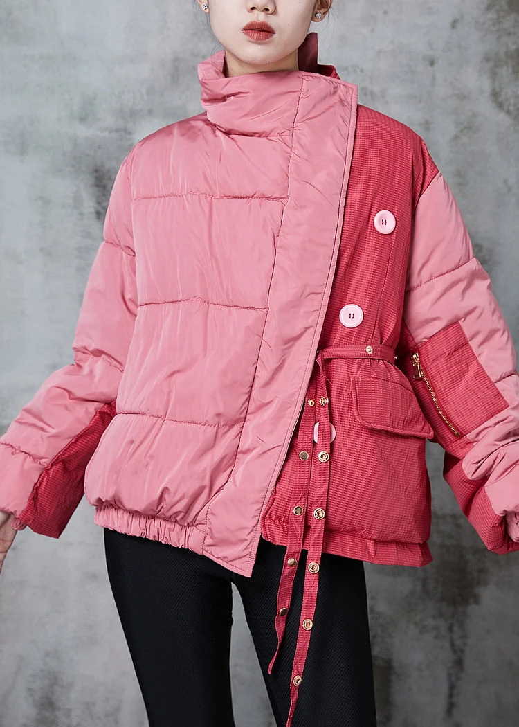Chic Pink Asymmetrical Patchwork Lace Up Fine Cotton Filled Parka Jacket Winter