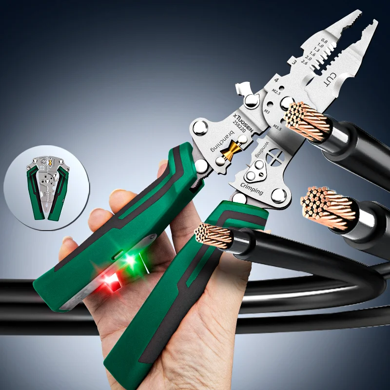 Electric Pencil-Style Wire Strippers, Multi-Purpose Large Opening Pliers, Adjustable Cable Wrap, Steel, PVC, Metric