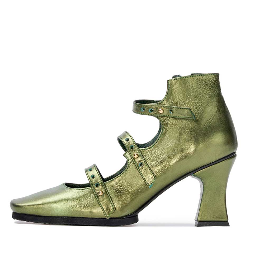 Green Metallic Square Toe 3'' Block Heel Multi Strap Vintage Pumps Nicepairs